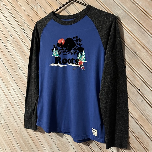 Roots Athletic Wear Long Sleeve Winter Beaver Logo Blue & Grey Hockey Shirt Cozy - Picture 2 of 6